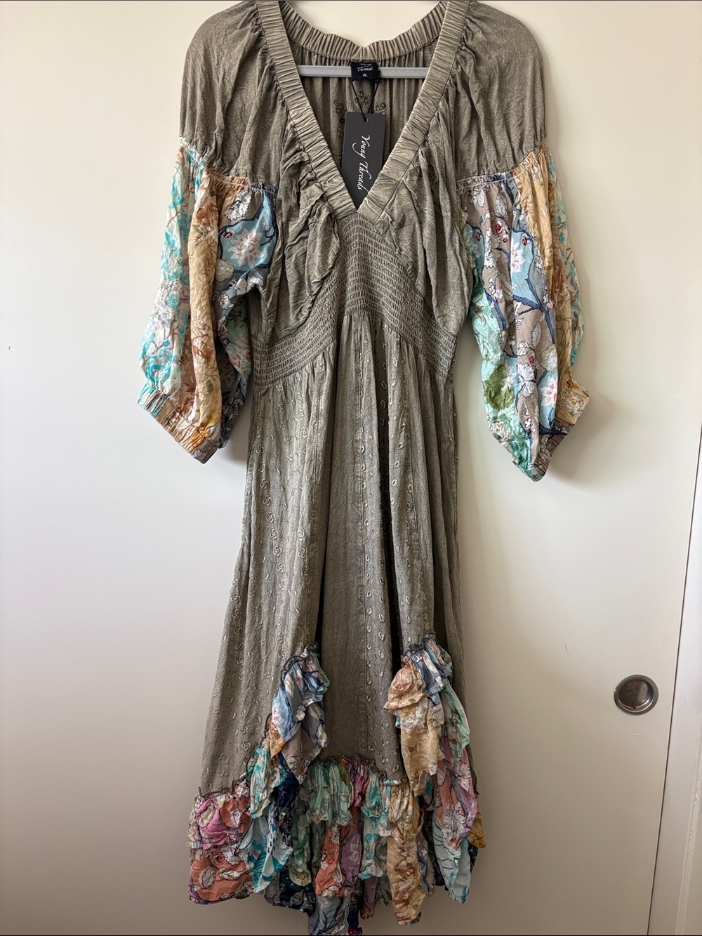 Young Threads Olive Midi Dress with Pastel Floral Puff Sleeves